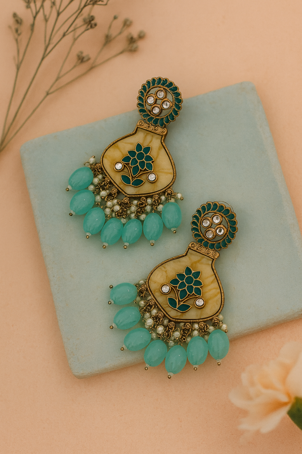 Mint Green Kundan Chandbali Earrings with Pearl Accents