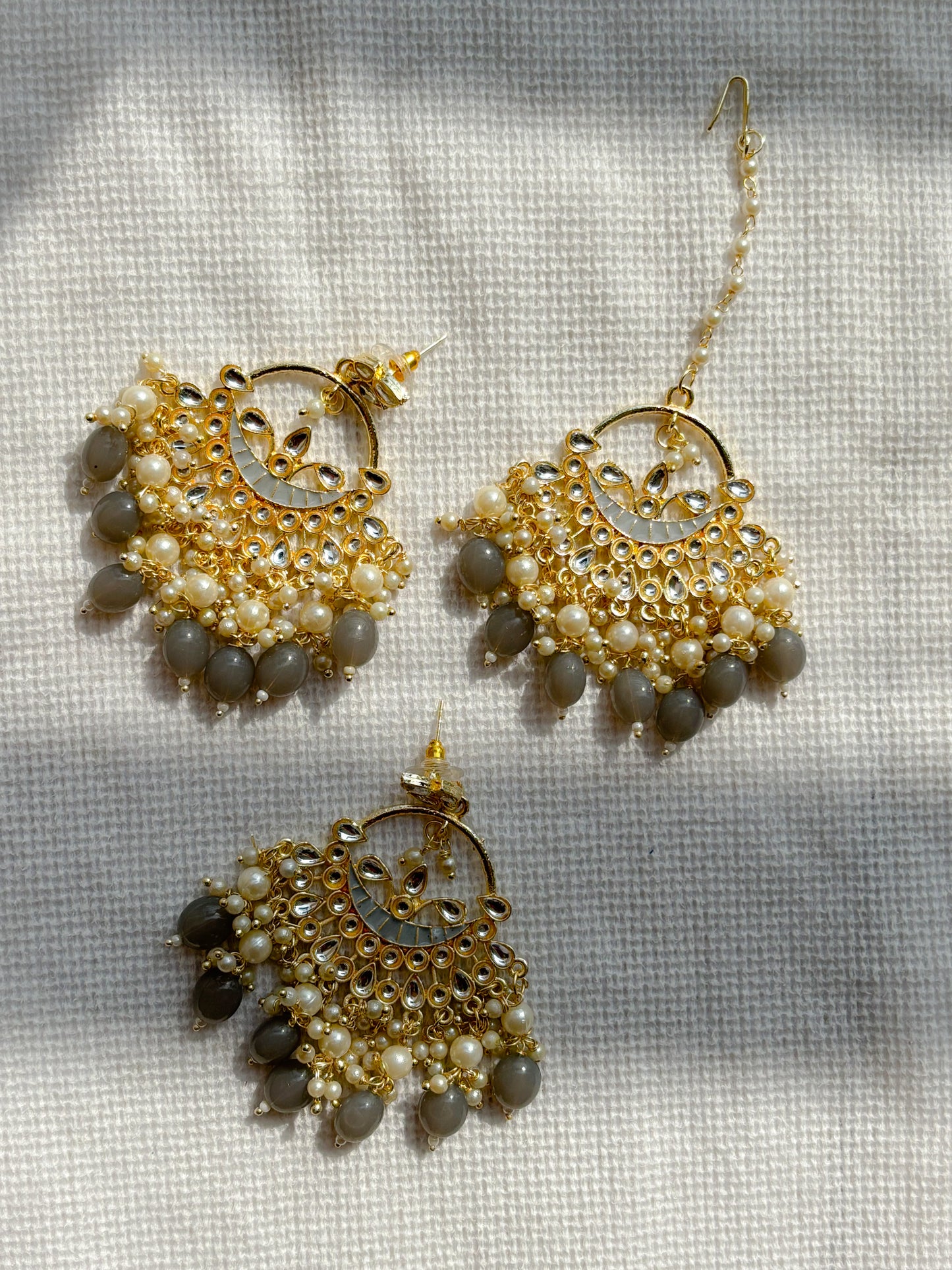 Mehr Grey Kundan Tikka Set