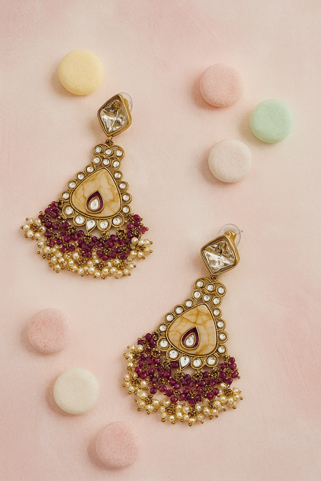 Maroon Kundan Teardrop Earrings with Pearl and Bead Tassels