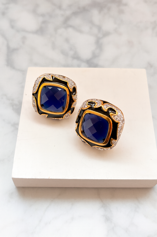 Gold-Framed Blue Gemstone Earrings – Elegant Square-Cut Statement Jewelry