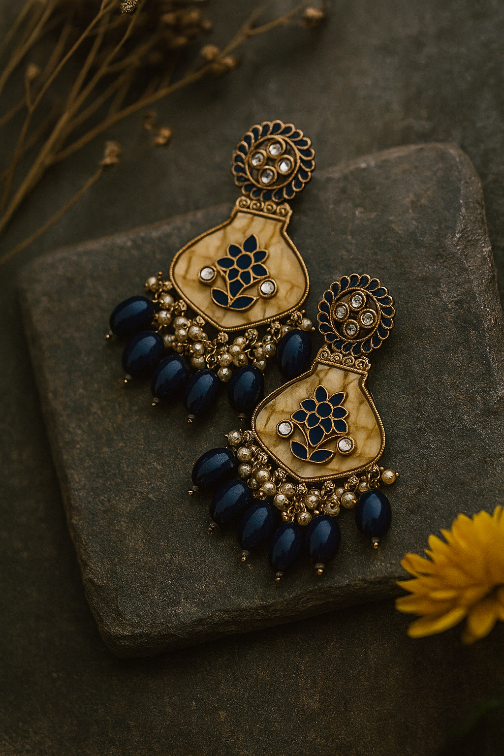 Royal Blue Kundan Chandbali Earrings with Pearl Drops