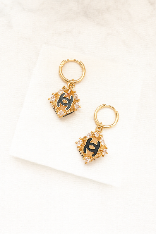 Elegant Gold Earrings with Black Logo – Designer Inspired Statement Jewelry