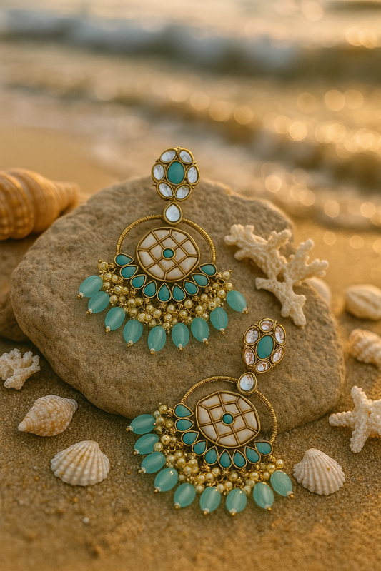 Meenakari Kundan Chandbali Earrings with Turquoise Beads
