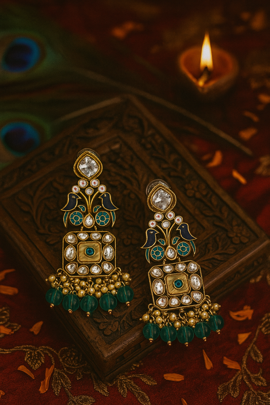 Peacock Meenakari Kundan Jhumka Earrings with Green Beads