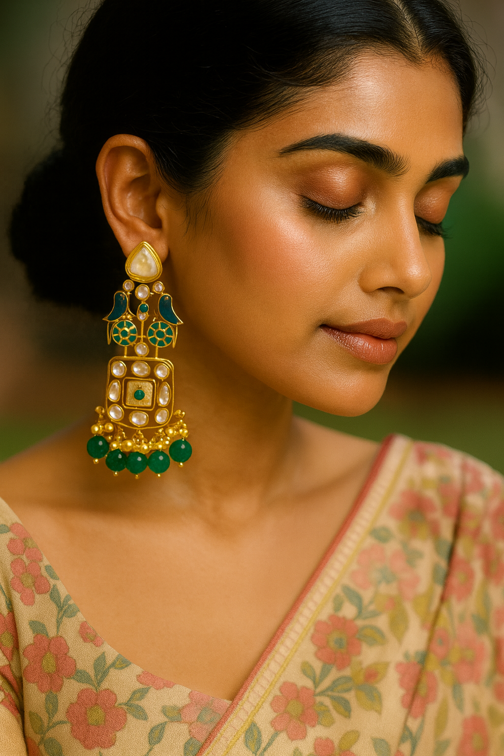 Peacock Meenakari Kundan Jhumka Earrings with Green Beads