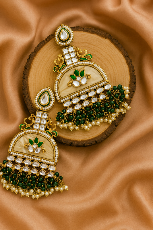 Emerald Meenakari Kundan Jhumka Earrings with Pearl Detailing