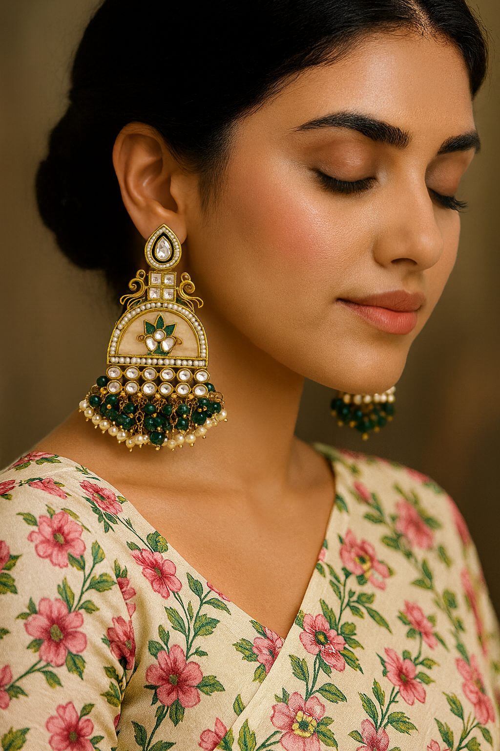 Emerald Meenakari Kundan Jhumka Earrings with Pearl Detailing