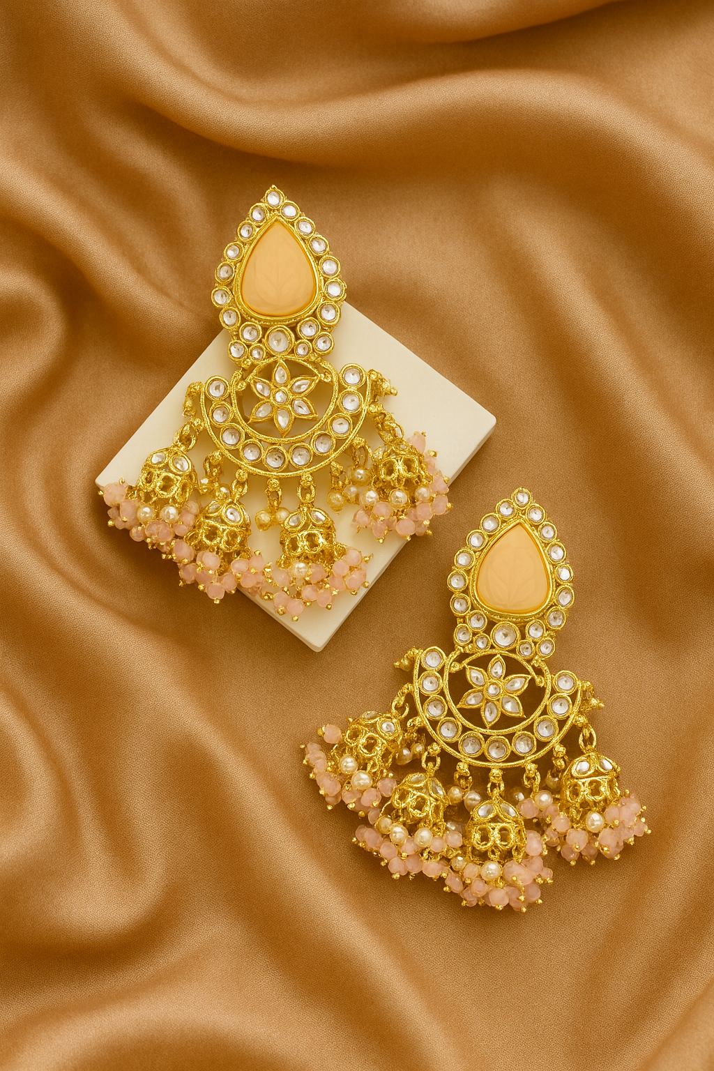 Blush Pink Kundan Jhumka Earrings with Pearl and Bead Detailing
