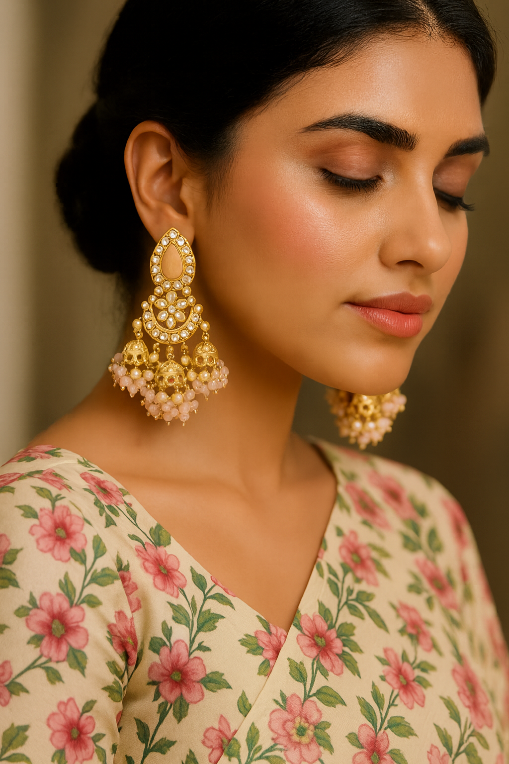 Blush Pink Kundan Jhumka Earrings with Pearl and Bead Detailing