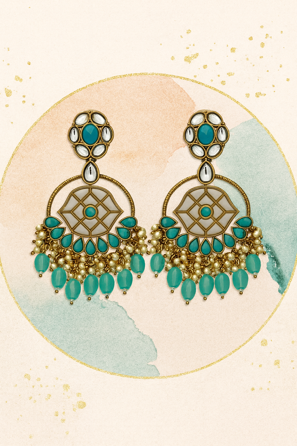 Meenakari Kundan Chandbali Earrings with Turquoise Beads