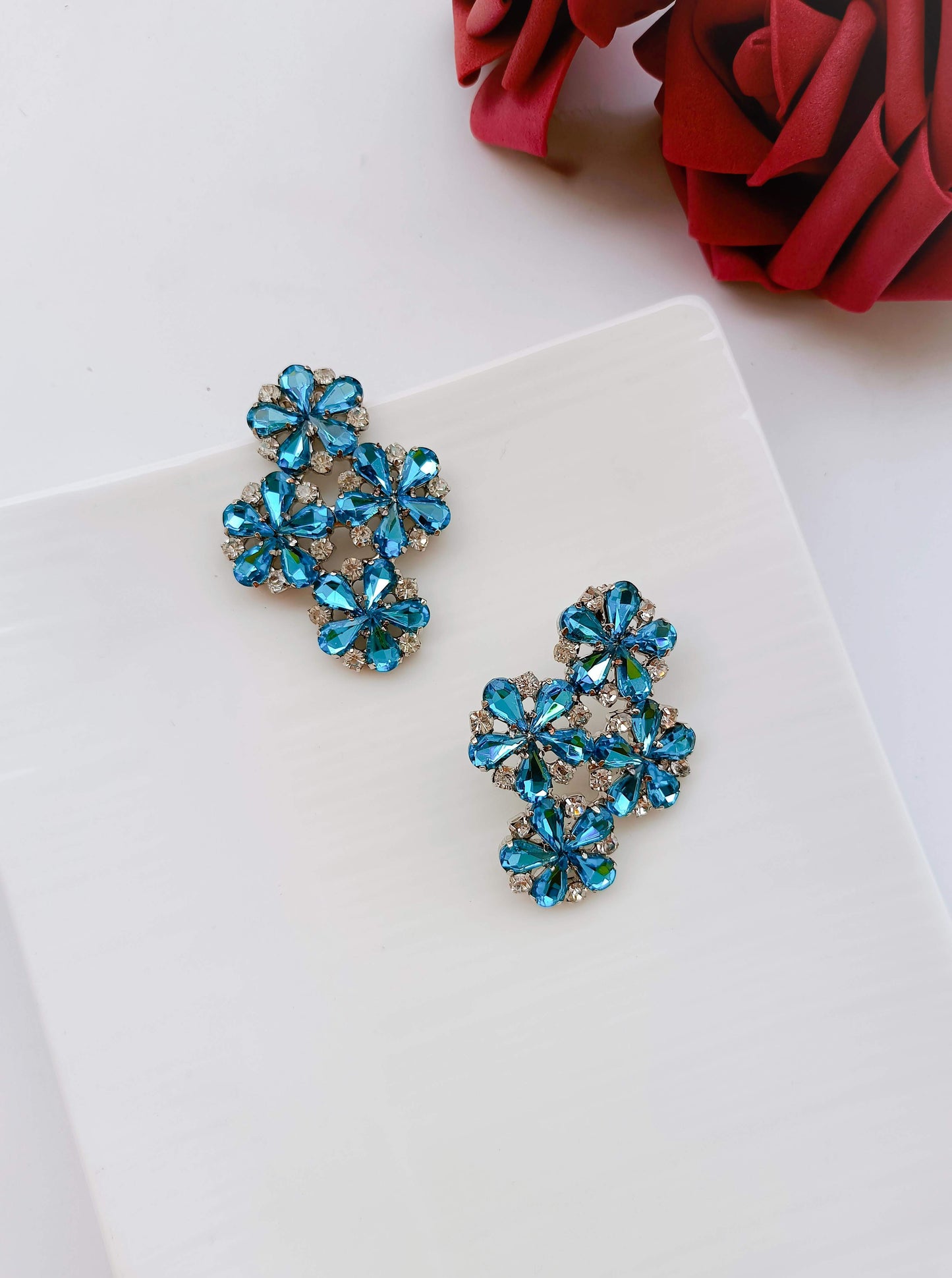 Elegant Blue Crystal Floral Earrings