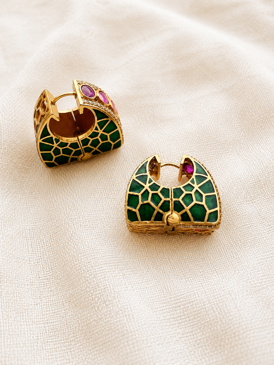 Green Mosaic Enamel Hoop Earrings