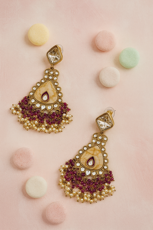Maroon Kundan Teardrop Earrings with Pearl and Bead Tassels