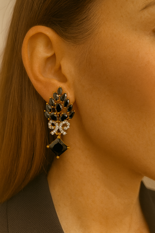 Elegant Black and Gold Crystal Earrings – Glamorous Statement Jewelry for Women