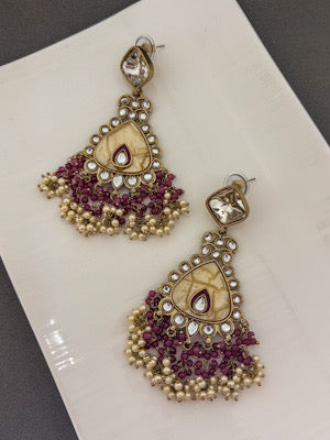 Maroon Kundan Teardrop Earrings with Pearl and Bead Tassels