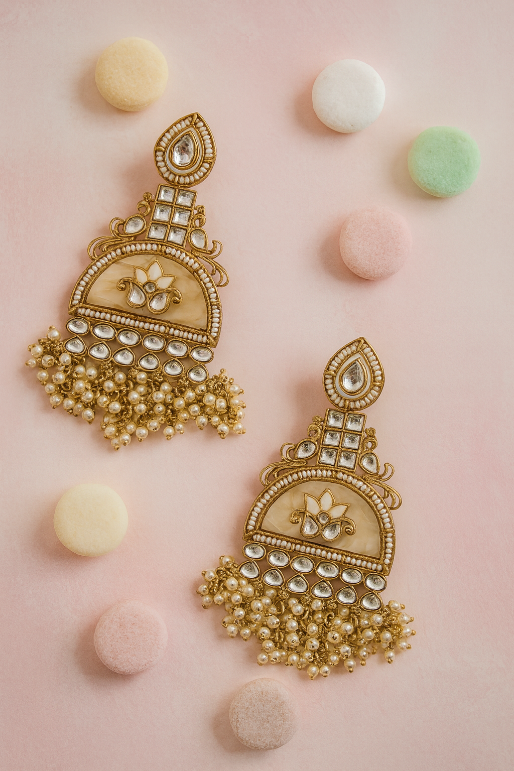 Gold Kundan Dome Earrings with Pearl Clusters and Mirror Work