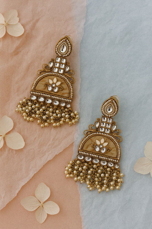 Gold Kundan Dome Earrings with Pearl Clusters and Mirror Work