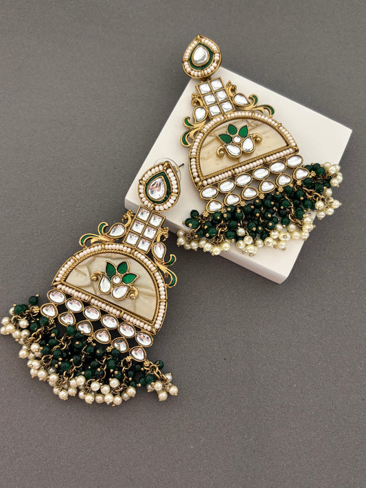 Emerald Meenakari Kundan Jhumka Earrings with Pearl Detailing