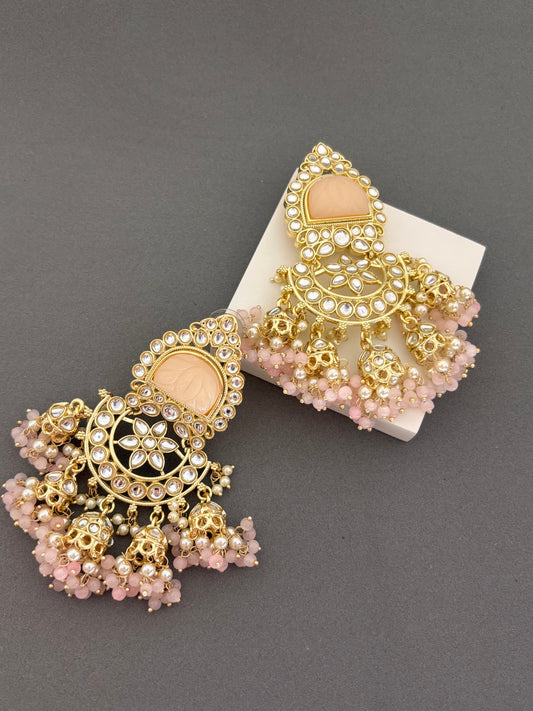 Blush Pink Kundan Jhumka Earrings with Pearl and Bead Detailing