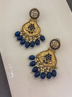 Royal Blue Kundan Chandbali Earrings with Pearl Drops