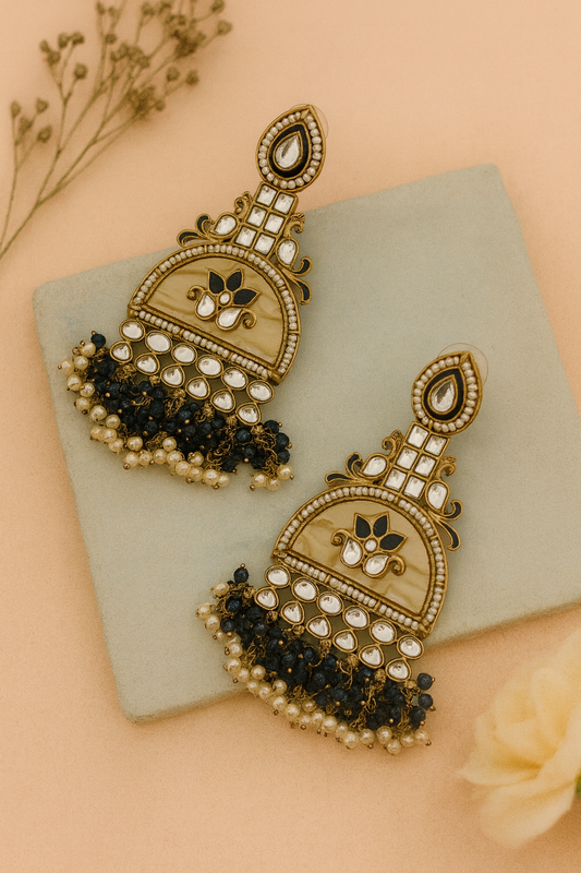 Navy Blue Kundan Dome Earrings with Pearl and Bead Tassels