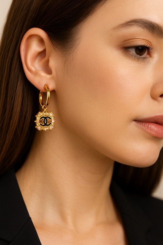 Elegant Gold Earrings with Black Logo – Designer Inspired Statement Jewelry