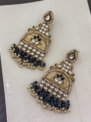 Navy Blue Kundan Dome Earrings with Pearl and Bead Tassels