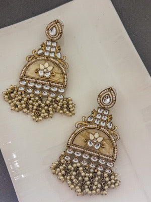 Gold Kundan Dome Earrings with Pearl Clusters and Mirror Work