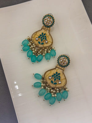 Mint Green Kundan Chandbali Earrings with Pearl Accents