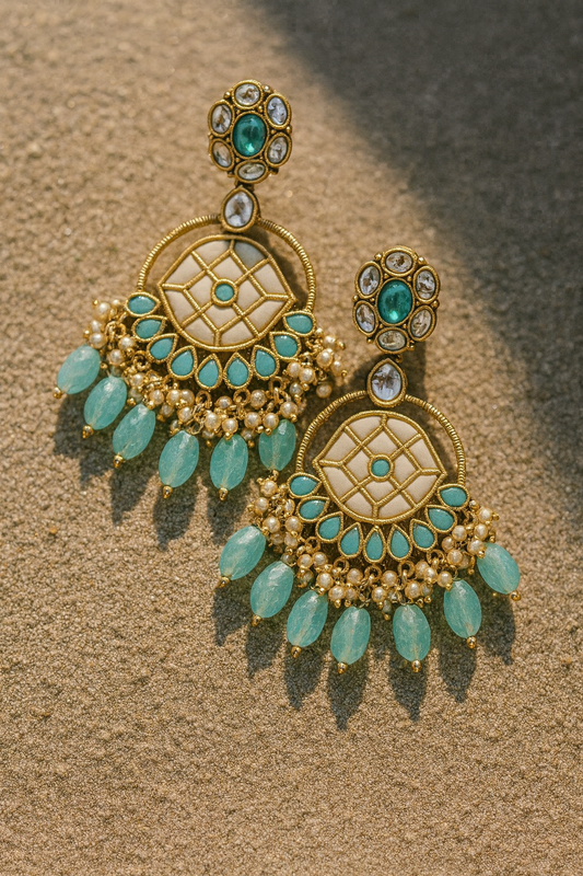 Meenakari Kundan Chandbali Earrings with Turquoise Beads