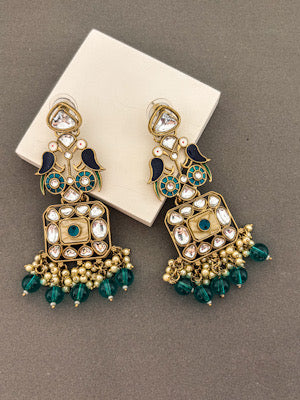 Peacock Meenakari Kundan Jhumka Earrings with Green Beads