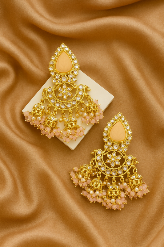 Blush Pink Kundan Jhumka Earrings with Pearl and Bead Detailing