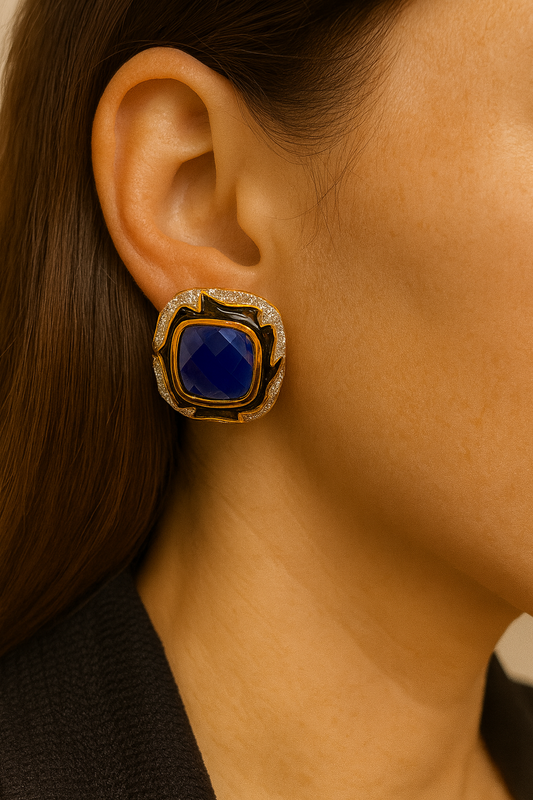 Gold-Framed Blue Gemstone Earrings – Elegant Square-Cut Statement Jewelry