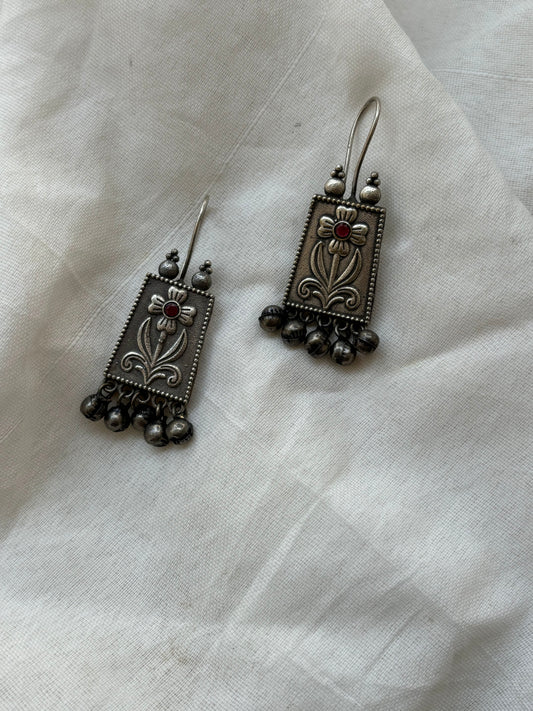 Ruby Radiance Handcarved Oxidized Brass Earrings